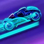 Futuristická motorka v neonových barvách s digitálními efekty na fialovém pozadí