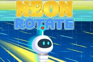 Nápis Neon Rotate se nachází nad roztomilým robotem na neonově modrém a žlutém pozadí s dynamickými liniemi