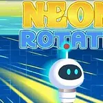Nápis Neon Rotate se nachází nad roztomilým robotem na neonově modrém a žlutém pozadí s dynamickými liniemi