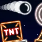 Světlé neonové prvky včetně terče, pohybující se koule a krabice s nápisem TNT na tmavém pozadí