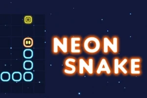 Svítící modrý had z neonových segmentů a nápis NEON SNAKE na tmavém pozadí s hvězdami