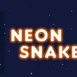 Svítící modrý had z neonových segmentů a nápis NEON SNAKE na tmavém pozadí s hvězdami