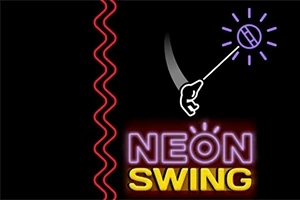 Neonový design s rukou držící lano, světlý červený vzor vlnovky a nápis NEON SWING