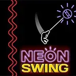 Neonový design s rukou držící lano, světlý červený vzor vlnovky a nápis NEON SWING