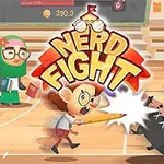 Karikatury dvou postav bojujících ve školní tělocvičně s nápisem Nerd Fight nad nimi