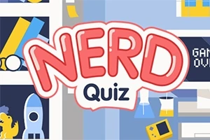 Nápis NERD Quiz s kresleným pozadím zahrnujícím raketu, knihy a herní konzoli