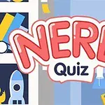 Nápis NERD Quiz s kresleným pozadím zahrnujícím raketu, knihy a herní konzoli