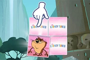 Kreslená ruka ukazuje na kartu se zvířetem vedle tří karet s logem Looney Tunes, v kreslené krajině s útesy a stromy