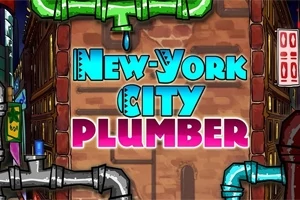 Grafický design s textem New York City Plumber na cihlové zdi, obklopený ilustracemi vodovodního potrubí