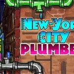 Grafický design s textem New York City Plumber na cihlové zdi, obklopený ilustracemi vodovodního potrubí