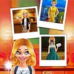 Blondýnka před různými fotografiemi v různém oblečení na barevném pozadí
