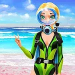 Blond dívka v zeleno-černém potápěčském neoprenu s potápěčskou maskou pózuje před oceánem na pláži