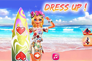 Blondýnka s květinovou čelenkou drží surfové prkno na pláži s nápisem Dress Up!