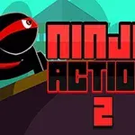 Černý ninja s červenou páskou na hlavě na střeše u textu Ninja Action 2