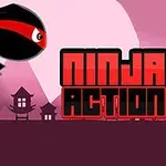Postava černého ninji s červenými detaily skáče v popředí, s krajinným pozadím a nápisem Ninja Action