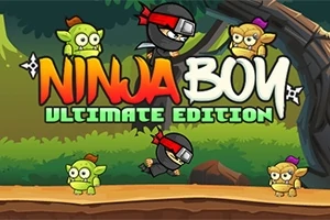 Ninja v černém oděvu s červenou čelenkou skáče mezi zelenými a žlutými skřítky v lesním prostředí, s nápisem Ninja Boy Ultimate Edition nahoře