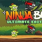 Ninja v černém oděvu s červenou čelenkou skáče mezi zelenými a žlutými skřítky v lesním prostředí, s nápisem Ninja Boy Ultimate Edition nahoře