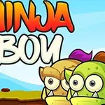 Kreslený ninja a dva monstra s velkýma očima stojí proti sobě na barevném pozadí s nápisem Ninja Boy nahoře
