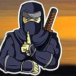 Kreslený ninja ve tmavém oděvu se zasunutým mečem na zádech gestikuluje tichý signál na pozadí západu slunce