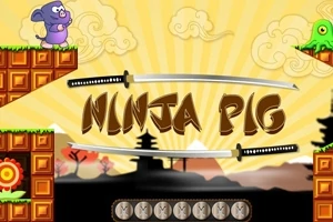 Fialové prasátko stojí na plošině s trávou proti zelené chobotnici, mezi nimi nápis NINJA PIG doprovázený kresbami katan na pozadí s mraky a siluetami stromů