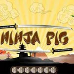 Fialové prasátko stojí na plošině s trávou proti zelené chobotnici, mezi nimi nápis NINJA PIG doprovázený kresbami katan na pozadí s mraky a siluetami stromů