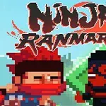Pixelová grafika dvou bojovníků v červené a černé barvě s názvem Ninja Ranmaru nahoře