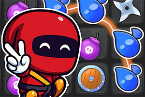 Červený ninja s černou maskou a vztyčenými dvěma prsty před pozadím s modrými kapkami a dalšími symboly