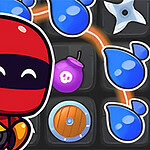 Červený ninja s černou maskou a vztyčenými dvěma prsty před pozadím s modrými kapkami a dalšími symboly