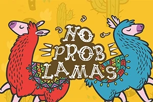 Dvě kreslené lamy, červená a modrá, obklopené vzory na žlutém pozadí s nápisem No Prob Lamas
