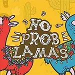 Dvě kreslené lamy, červená a modrá, obklopené vzory na žlutém pozadí s nápisem No Prob Lamas