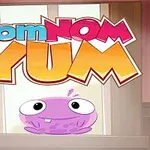 Fialový kreslený tvor s velkýma očima pod nápisem nom NOM YUM na světlém pozadí
