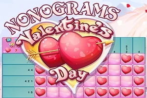 Dvě růžová srdce s šípem na herním pozadí s textem Nonograms Valentines Day