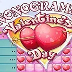 Dvě růžová srdce s šípem na herním pozadí s textem Nonograms Valentines Day