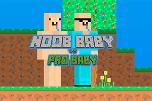 Dvě pixelové postavy, jedna béžová a druhá modrá, stojí vedle sebe na pixelové trávě, s textem Noob Baby vs Pro Baby uprostřed