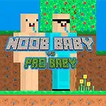 Dvě pixelové postavy, jedna béžová a druhá modrá, stojí vedle sebe na pixelové trávě, s textem Noob Baby vs Pro Baby uprostřed