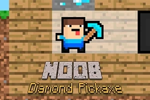 Pixelová postava s modrou košilí držící diamantový krumpáč, text NOOB Diamond Pickaxe na dřevěném pozadí