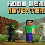 Postavy v blokovém stylu stojí před stavebními prvky s nápisem „Noob Hero Adventure“ nad nimi
