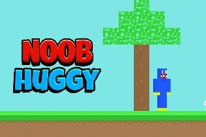 Text NOOB HUGGY vedle pixelové postavy ve žlutém a modrém stojící pod stromem na zeleném poli