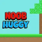 Text NOOB HUGGY vedle pixelové postavy ve žlutém a modrém stojící pod stromem na zeleném poli