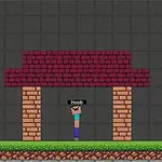 Postava stojí pod přístřeškem z červených cihel mezi dvěma sloupy s pixelovanými stromy v pozadí