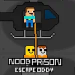 Pixelová grafika s postavami u vrtulníku a nápisem Noob Prison Escape Oggy