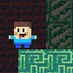 Pixelová postava v modrém oblečení stojí na zelené platformě s tmavě vzorovaným pozadím