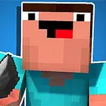 Postava s pixelovým obličejem v tyrkysovém tričku drží šedý předmět na modrém pozadí s písmenem C