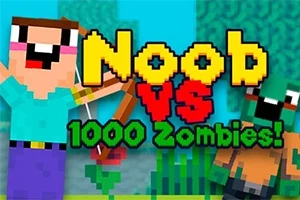 Pixealová postava s lukem stojí vedle zeleného zombie a textem Noob vs 1000 Zombies!