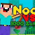 Pixealová postava s lukem stojí vedle zeleného zombie a textem Noob vs 1000 Zombies!