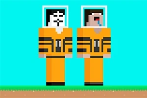 Dva pixeloví astronauti v oranžových skafandrech stojí vedle sebe na modrém pozadí
