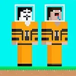 Dva pixeloví astronauti v oranžových skafandrech stojí vedle sebe na modrém pozadí