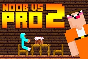 Postava v modrém oblečení sedí u stolu s dortem a velká postava v oranžové stojí vedle, s nápisem NOOB VS PRO 2 nahoře