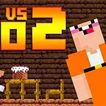 Postava v modrém oblečení sedí u stolu s dortem a velká postava v oranžové stojí vedle, s nápisem NOOB VS PRO 2 nahoře