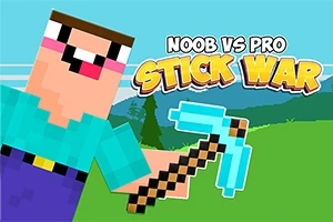 Postava s pixelovanou grafikou držící modrý krumpáč na zelené louce s nápisem Noob vs Pro Stick War na modré obloze